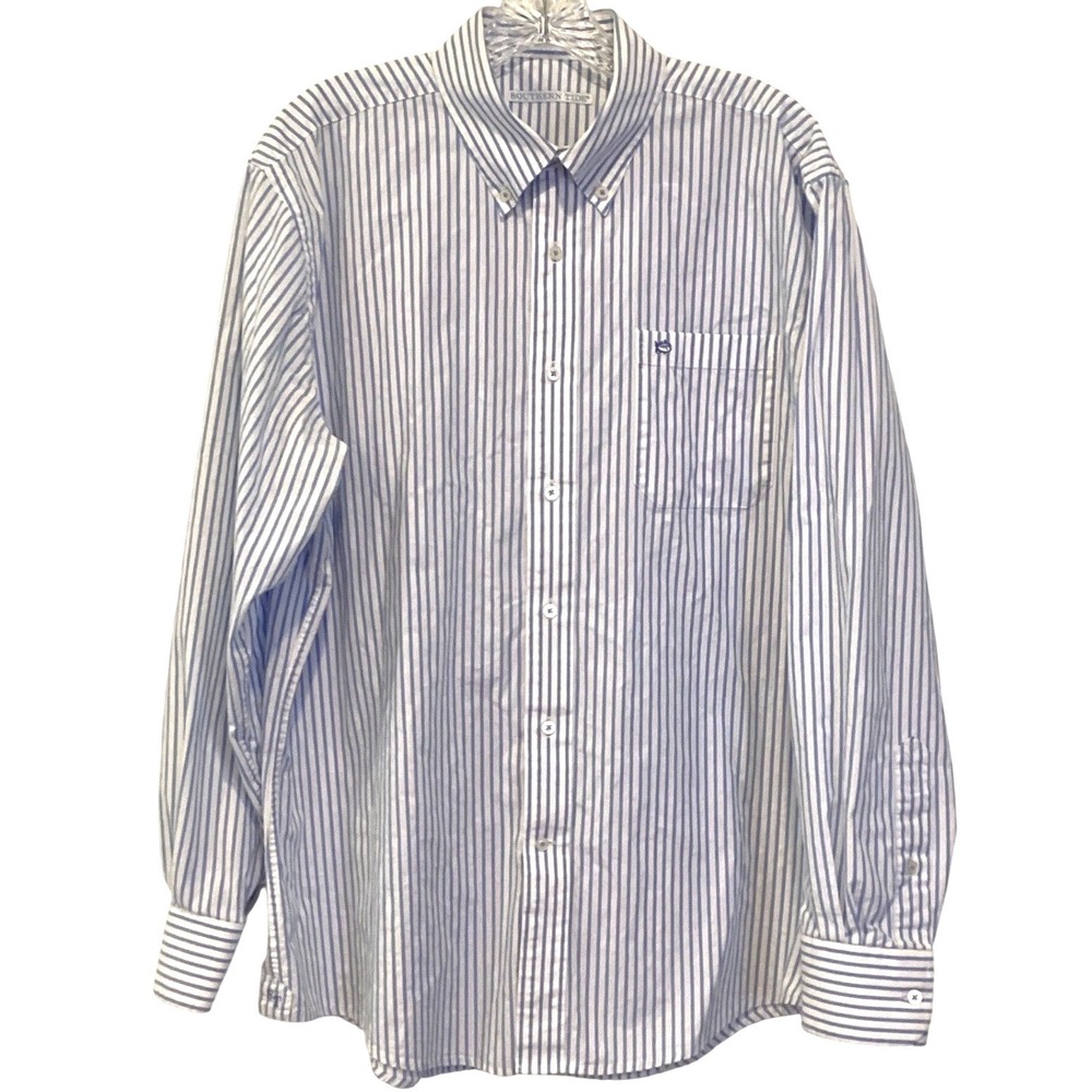Southern Tide Mens Large Shirt Blue White Striped Long Sleeve Button Dow